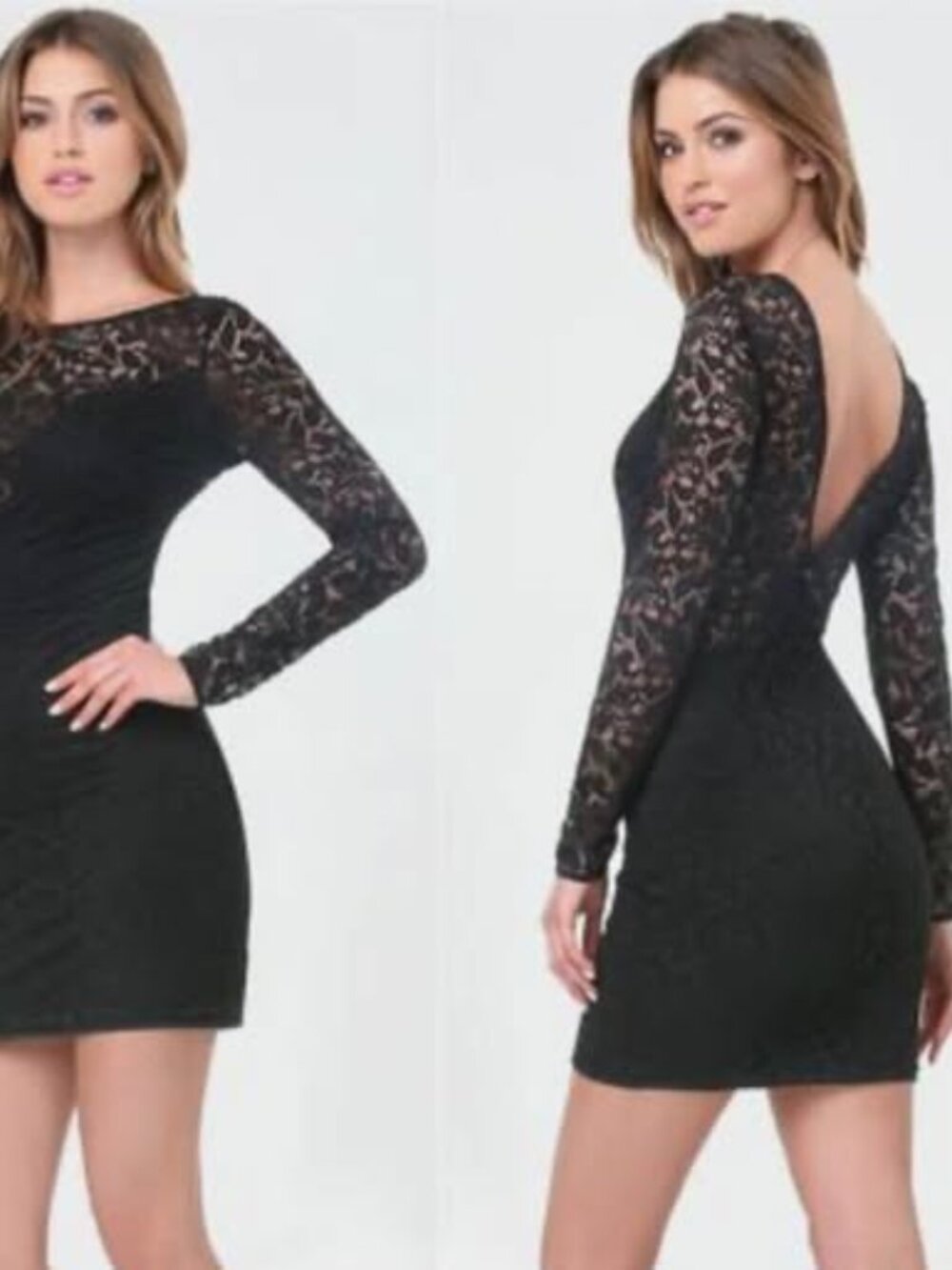 Bebe Black Ellie Lace Open Back Long Sleeve Mini Dress